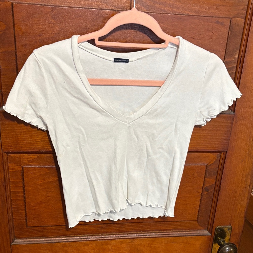 Brandy Melville Cream Short Sleeve V-Neck Tee